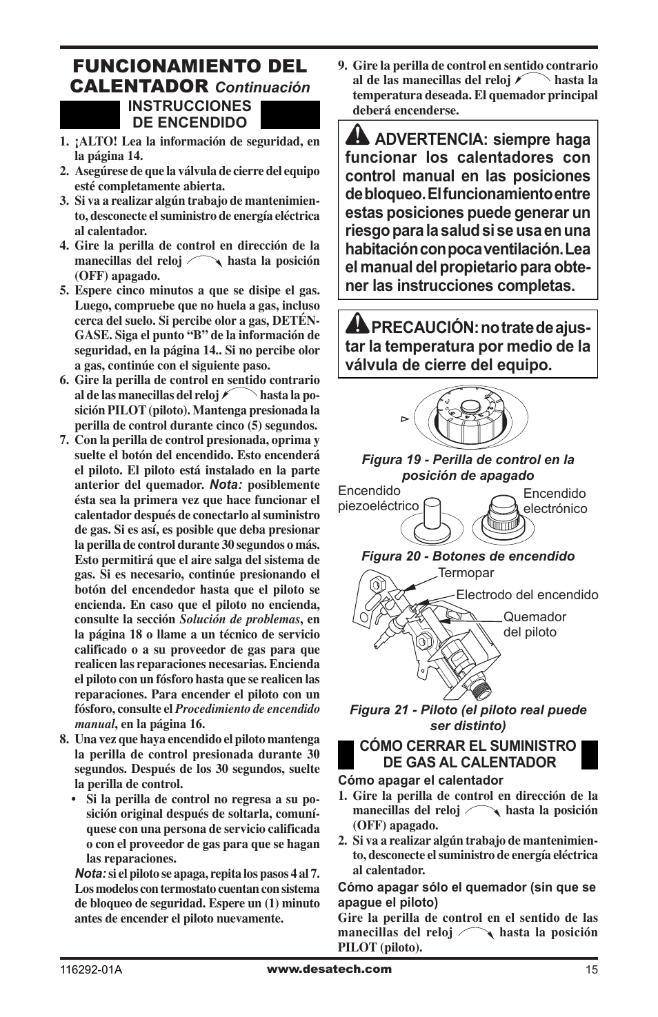 Funcionamiento del calentador | Desa VSL18NT User Manual | Page 43 / 56