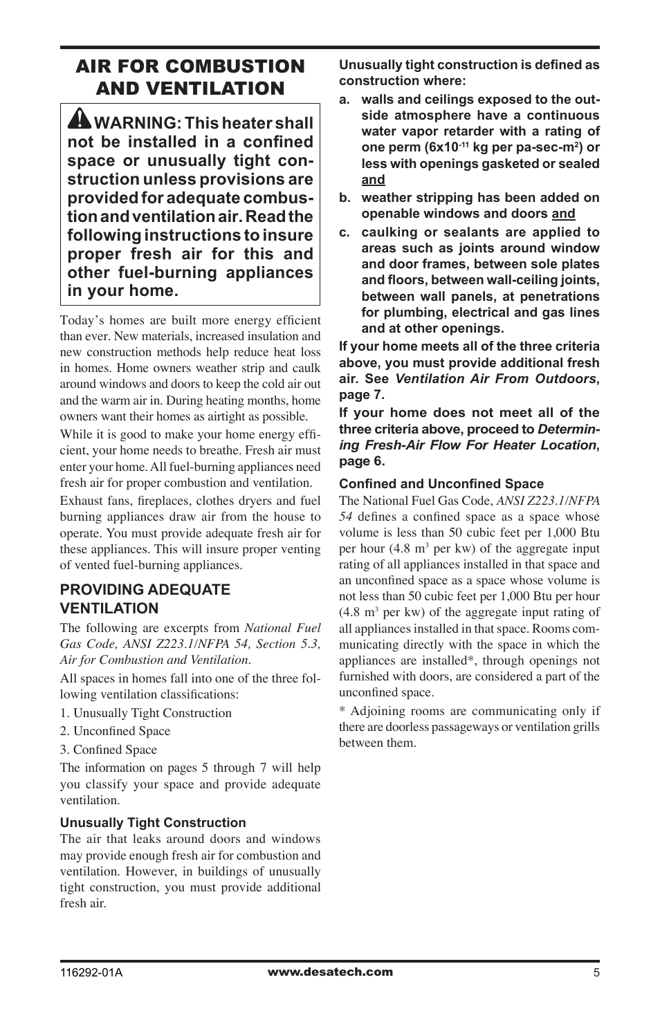 Air for combustion and ventilation | Desa VSL18NT User Manual | Page 5 / 56