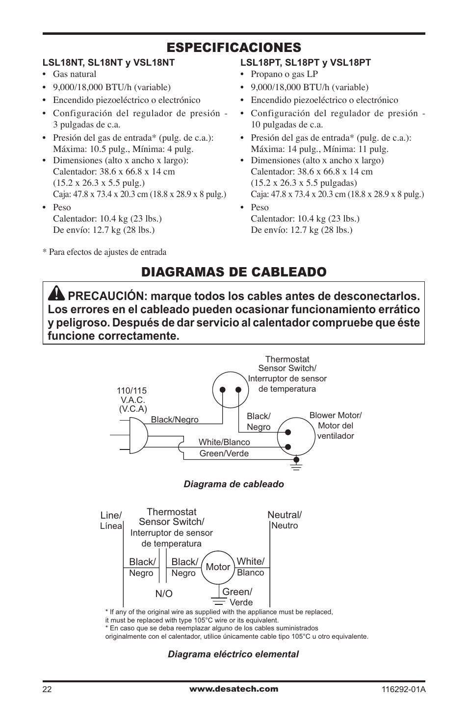 Especificaciones, Diagramas de cableado | Desa VSL18NT User Manual | Page 50 / 56