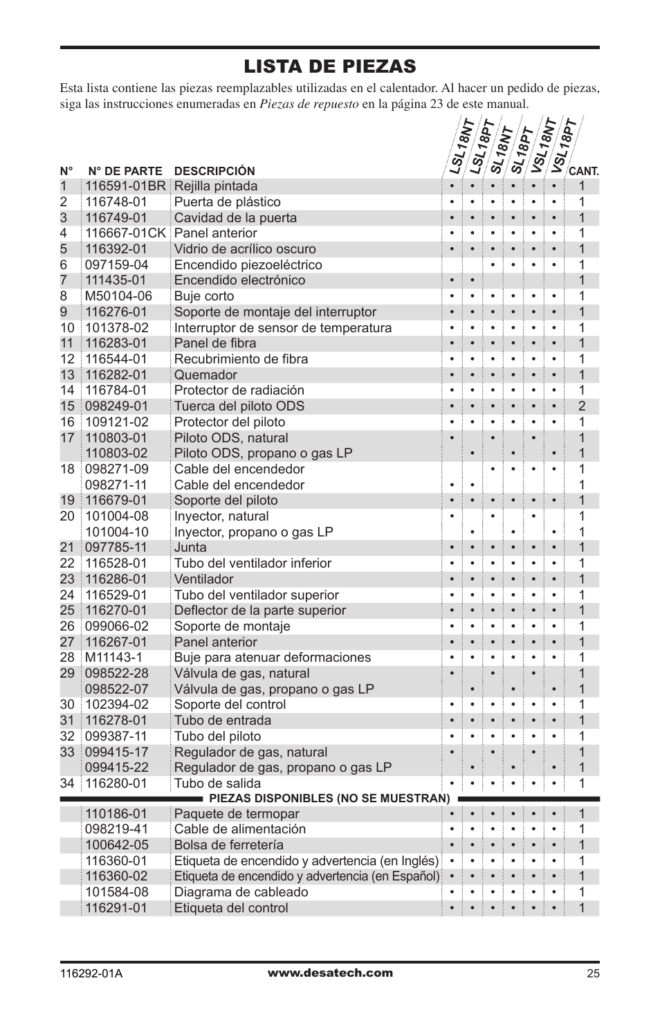Lista de piezas | Desa VSL18NT User Manual | Page 53 / 56
