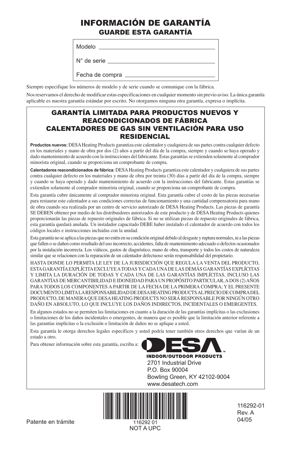 Información de garantía | Desa VSL18NT User Manual | Page 56 / 56