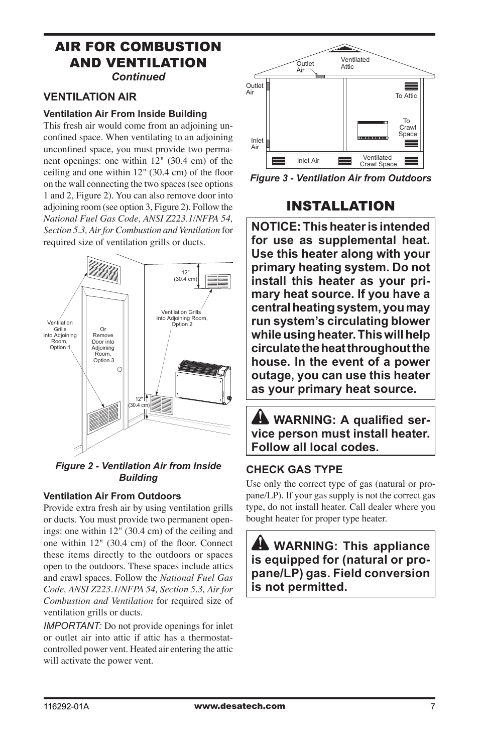 Installation, Air for combustion and ventilation | Desa VSL18NT User Manual | Page 7 / 56