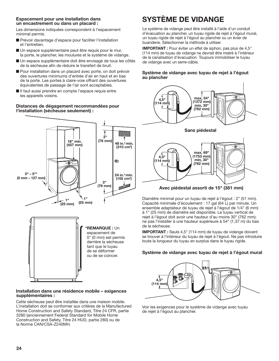 Système de vidange | Whirlpool 27 Inch Ventless Electric Dryer Installation Instructions User Manual | Page 24 / 32