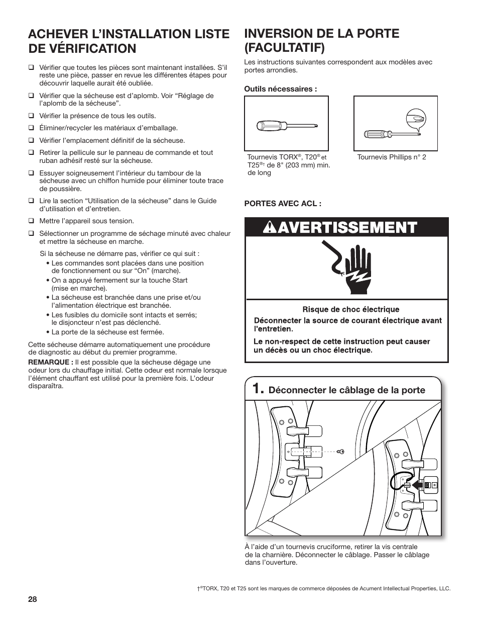 Achever l’installation liste de vérification, Inversion de la porte (facultatif), Déconnecter le câblage de la porte | Whirlpool 27 Inch Ventless Electric Dryer Installation Instructions User Manual | Page 28 / 32