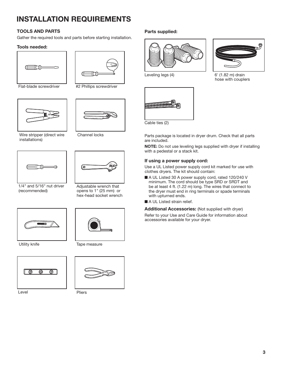 Installation requirements | Whirlpool 27 Inch Ventless Electric Dryer Installation Instructions User Manual | Page 3 / 32