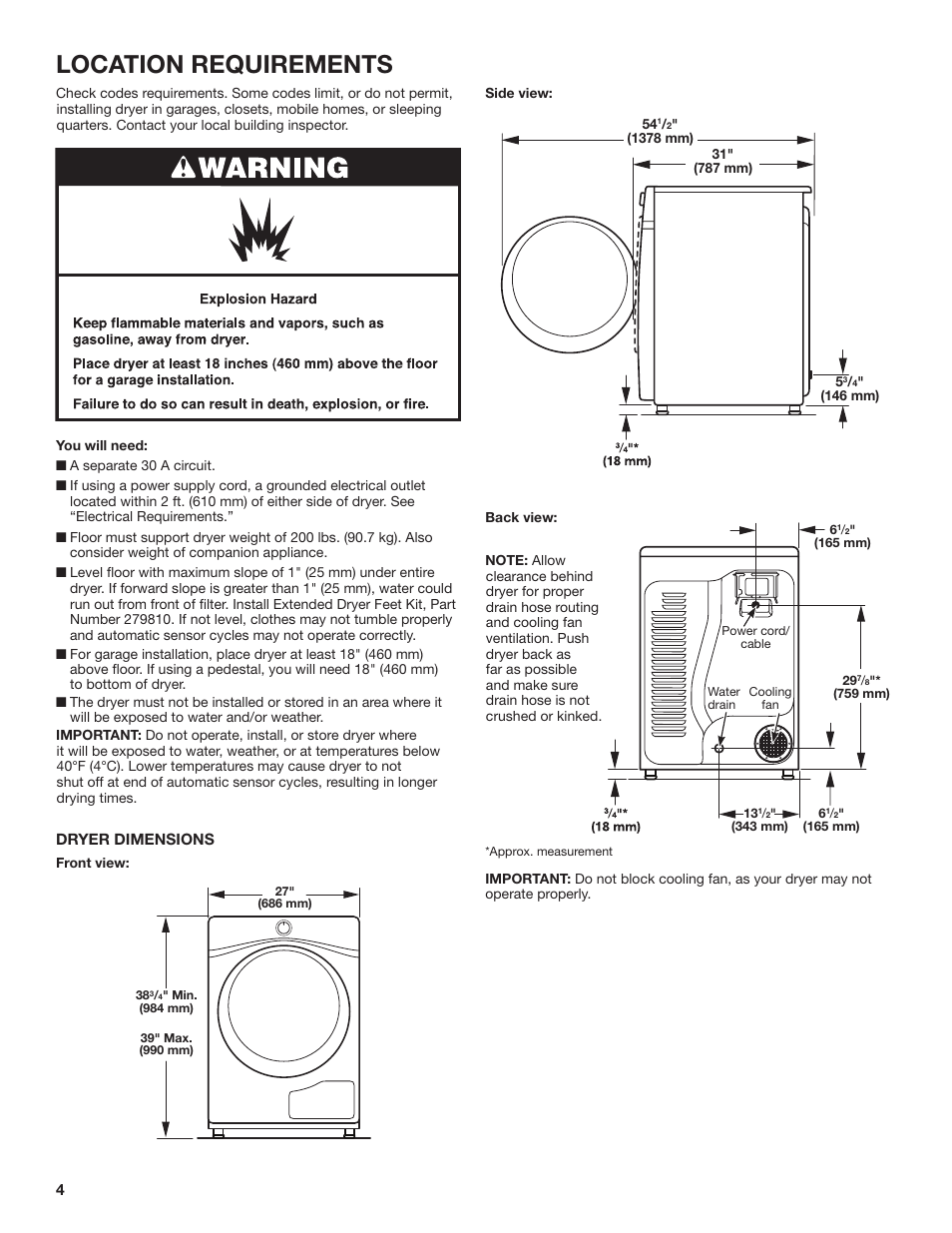 Location requirements | Whirlpool 27 Inch Ventless Electric Dryer Installation Instructions User Manual | Page 4 / 32