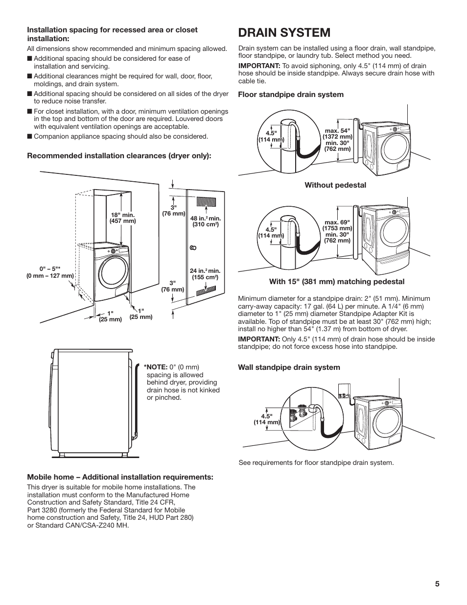 Drain system | Whirlpool 27 Inch Ventless Electric Dryer Installation Instructions User Manual | Page 5 / 32