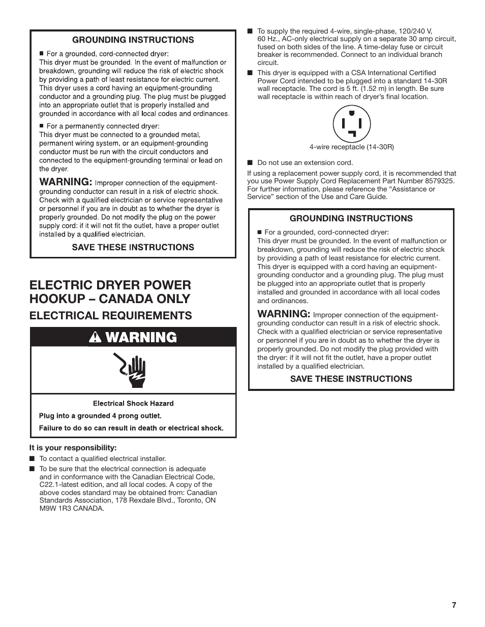 Electric dryer power hookup – canada only, Electrical requirements, Warning | Whirlpool 27 Inch Ventless Electric Dryer Installation Instructions User Manual | Page 7 / 32