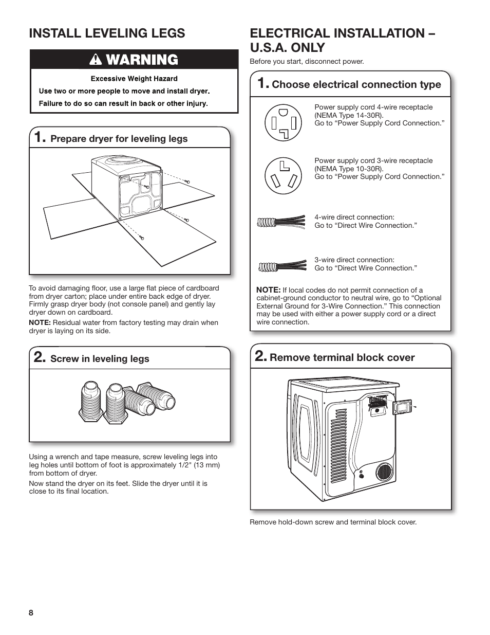 Install leveling legs, Electrical installation – u.s.a. only, Choose electrical connection type | Remove terminal block cover | Whirlpool 27 Inch Ventless Electric Dryer Installation Instructions User Manual | Page 8 / 32