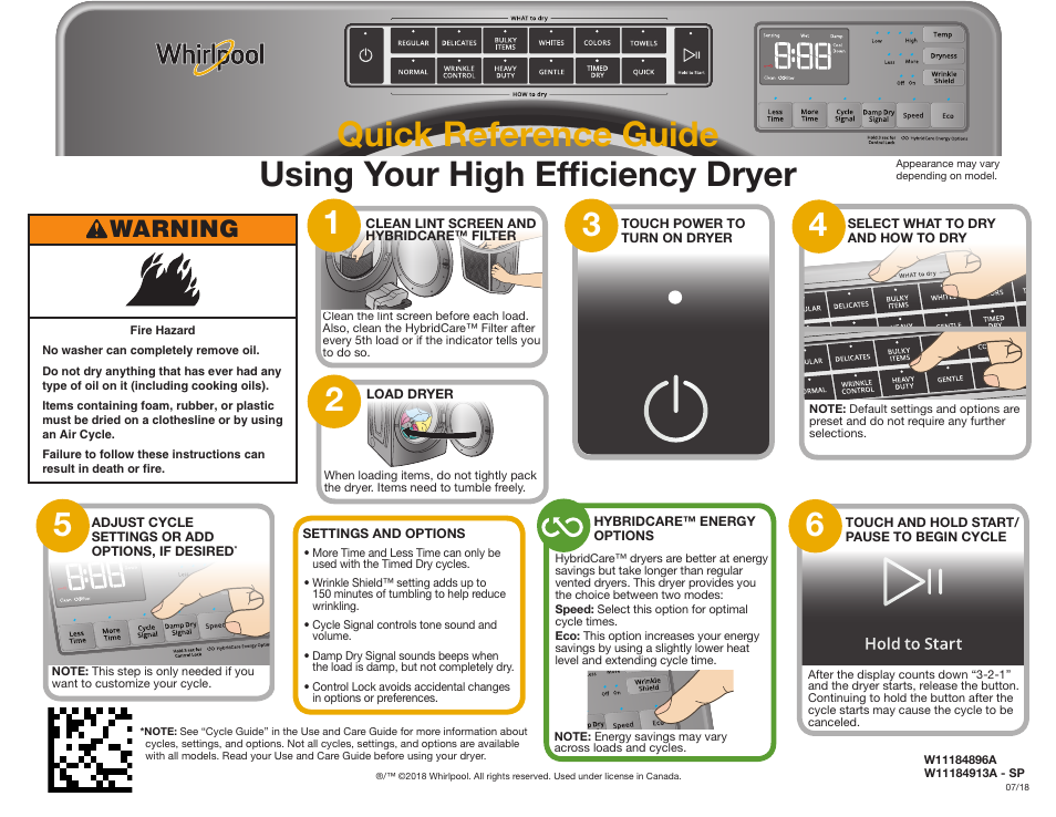 Whirlpool 27 Inch Ventless Electric Dryer Quick Start Guide User Manual | 2 pages