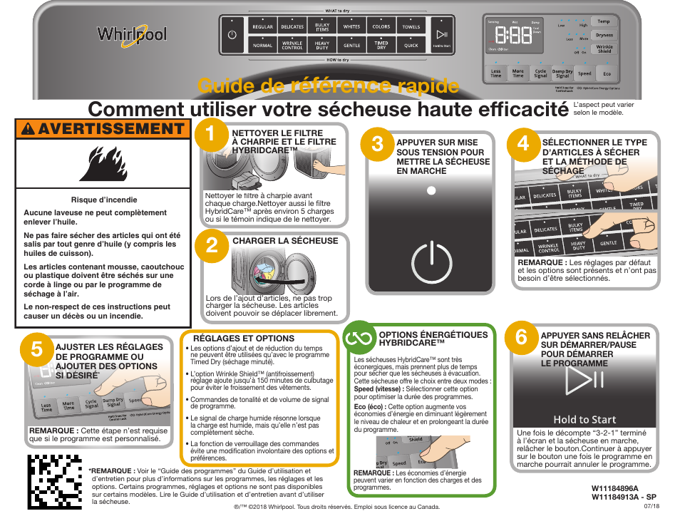 Référence, Guide de, Avertissement | Whirlpool 27 Inch Ventless Electric Dryer Quick Start Guide User Manual | Page 2 / 2