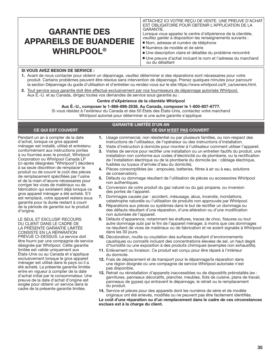 Garantie des appareils de buanderie whirlpool | Whirlpool 27 Inch Ventless Electric Dryer Warranty User Manual | Page 2 / 2