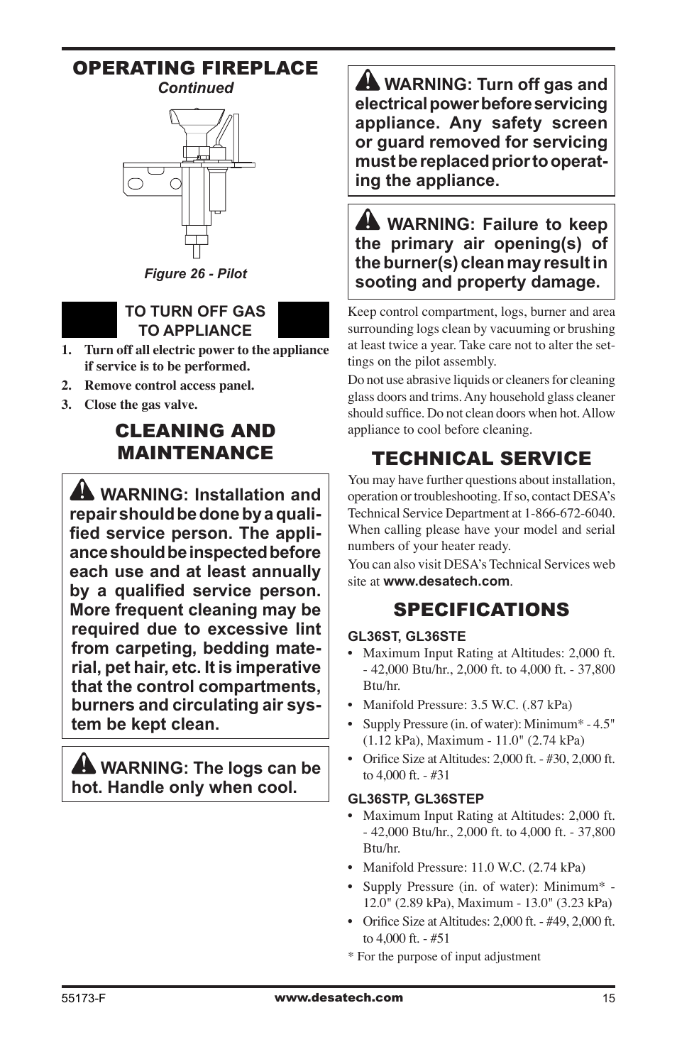 Cleaning and maintenance, Technical service, Specifications | Operating fireplace | Desa GL36STEP User Manual | Page 15 / 20