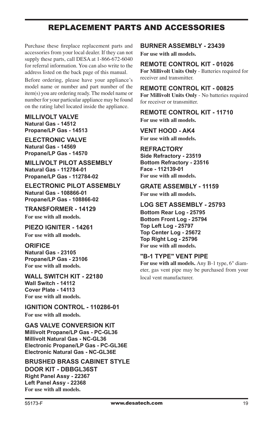 Replacement parts and accessories | Desa GL36STEP User Manual | Page 19 / 20