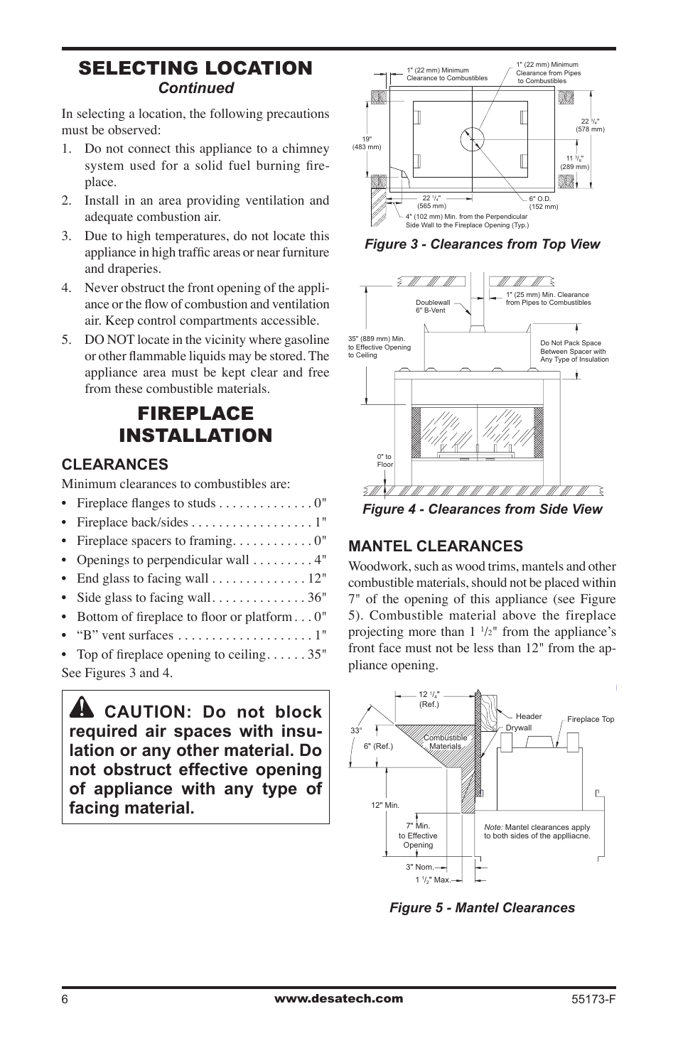 Fireplace installation, Selecting location, Mantel clearances | Clearances, Continued | Desa GL36STEP User Manual | Page 6 / 20
