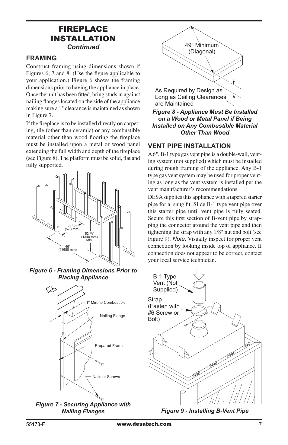 Fireplace installation, Continued framing, Vent pipe installation | Desa GL36STEP User Manual | Page 7 / 20