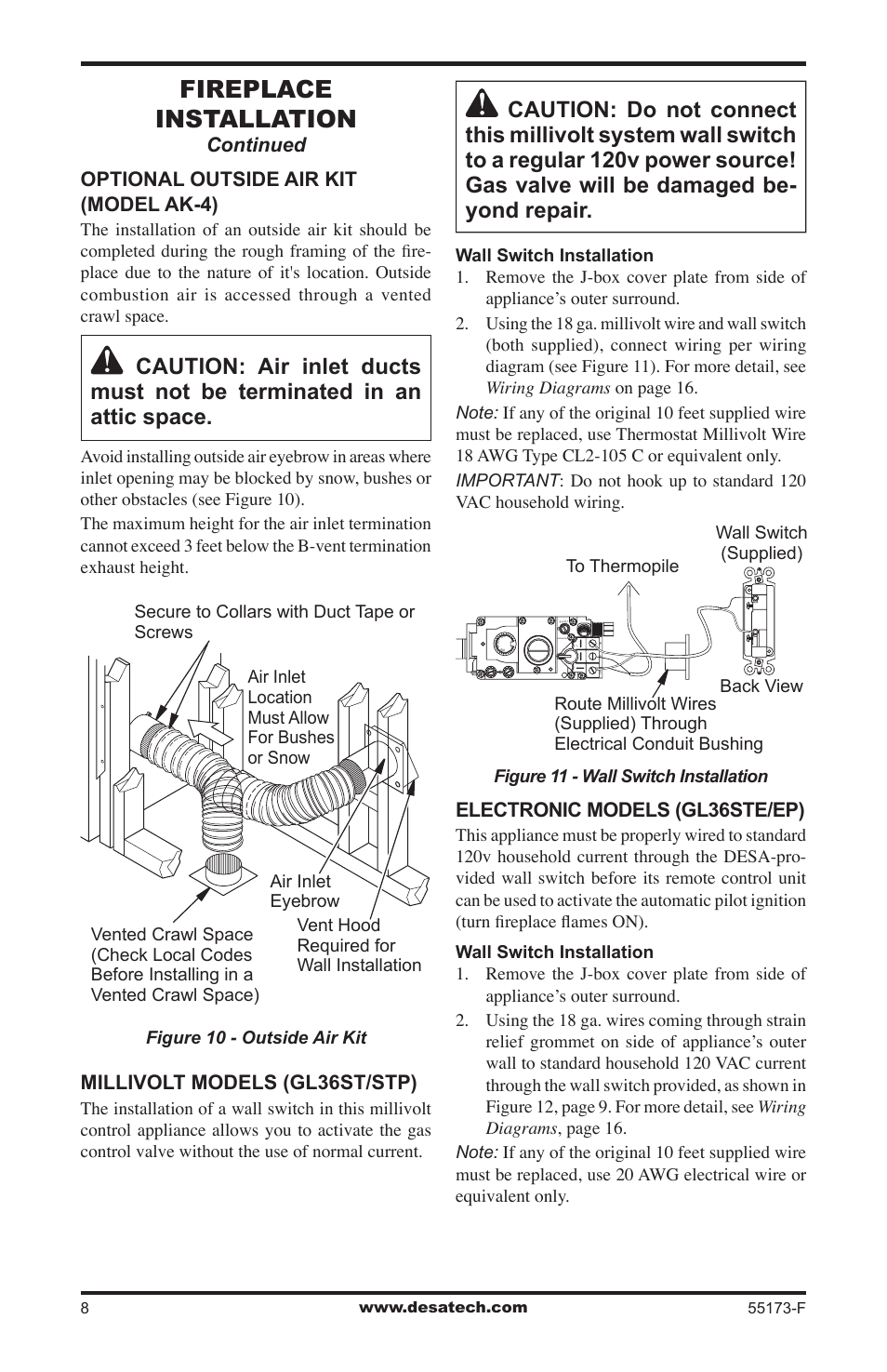 Fireplace installation, Continued optional outside air kit (model ak-4), Millivolt models (gl36st/stp) | Electronic models (gl36ste/ep) | Desa GL36STEP User Manual | Page 8 / 20