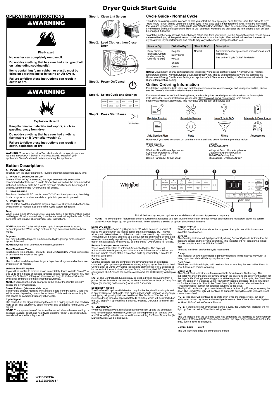 Whirlpool 27 Inch Electric Dryer Quick Reference Sheet User Manual | 2 pages