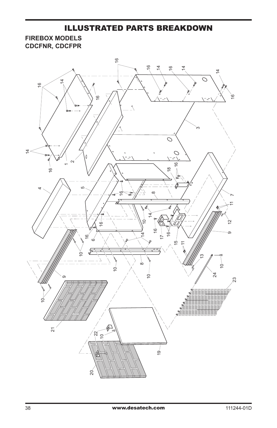 Illustrated parts breakdown, Firebox models cdcfnr, cdcfpr | Desa CDCFTP User Manual | Page 38 / 48