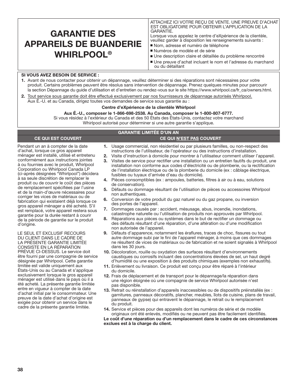 Garantie des appareils de buanderie whirlpool | Whirlpool 27 Inch Electric Dryer Warranty User Manual | Page 2 / 2