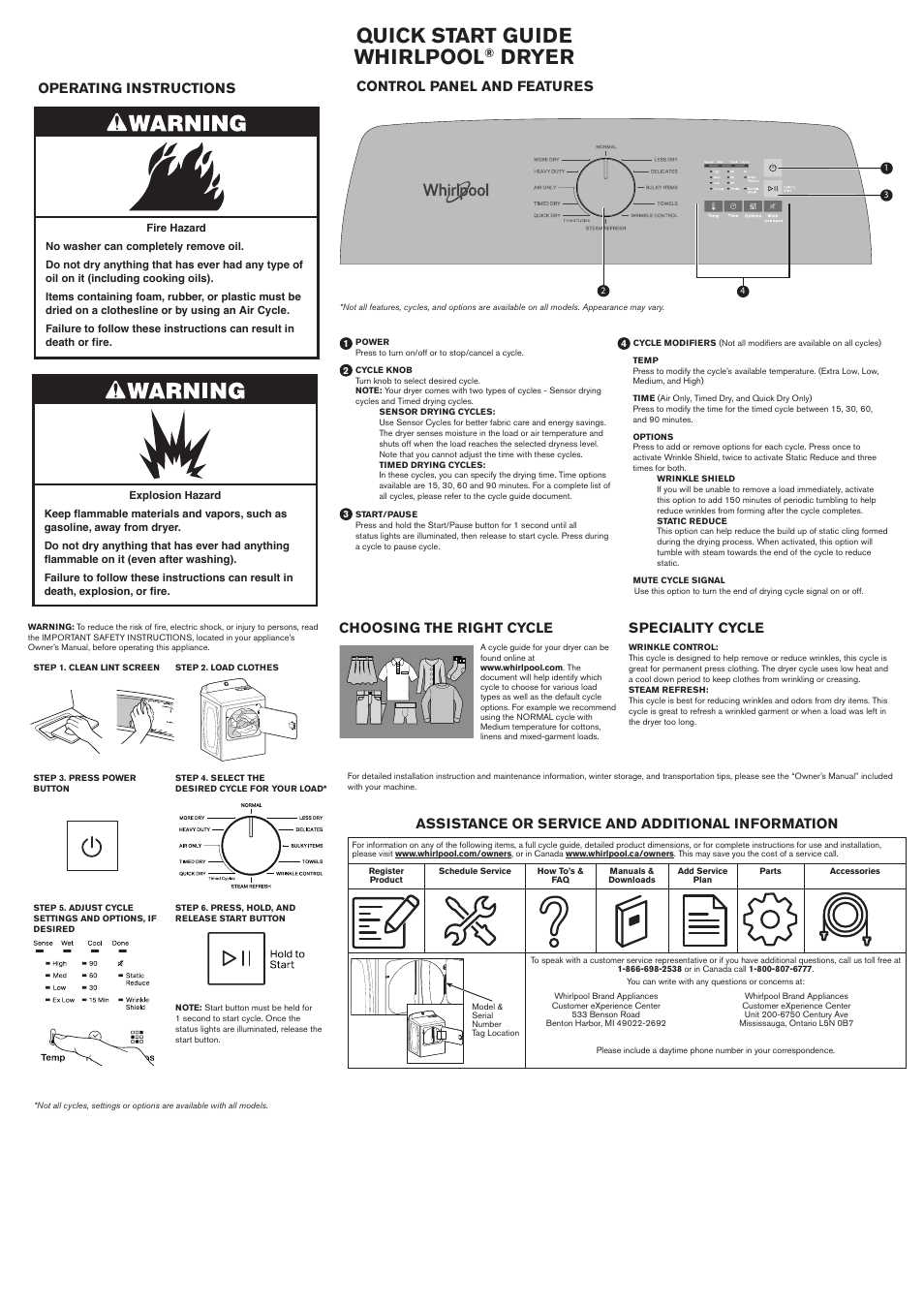 Whirlpool 29 Inch Electric Dryer Quick Start Guide User Manual | 2 pages