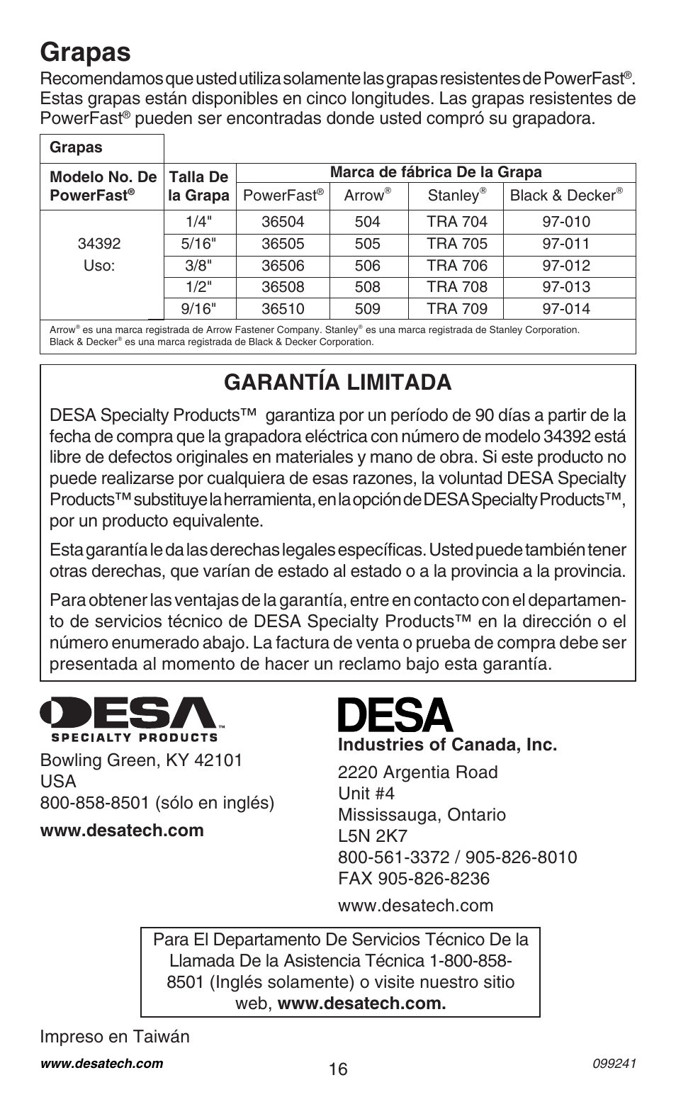 Grapas, Garantía limitada | Desa 34392 User Manual | Page 16 / 24