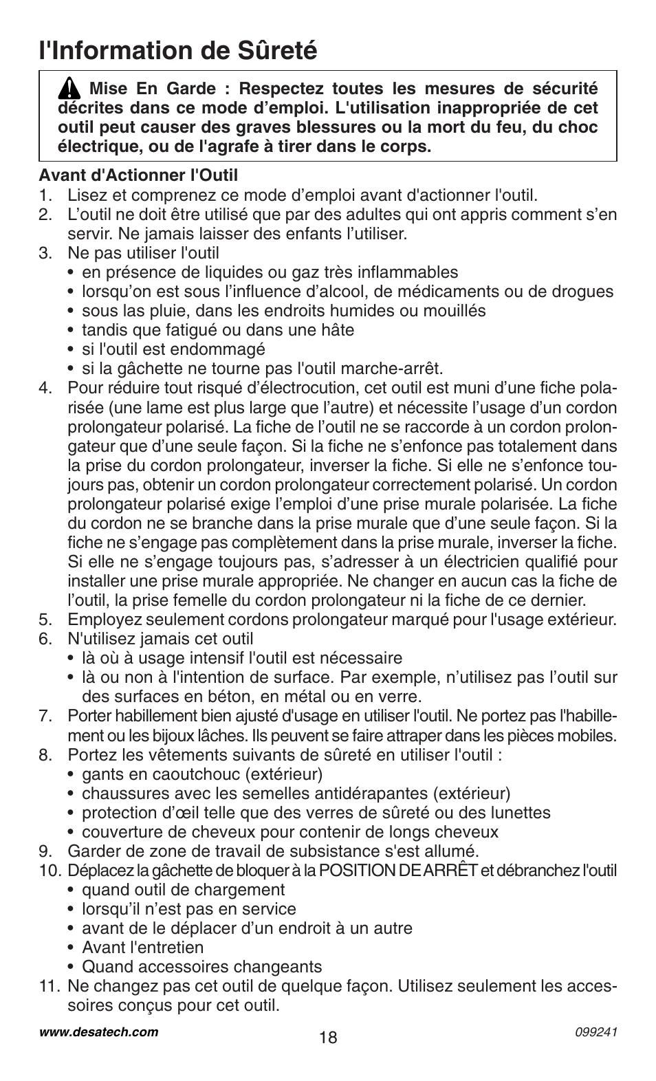 L'information de sûreté | Desa 34392 User Manual | Page 18 / 24