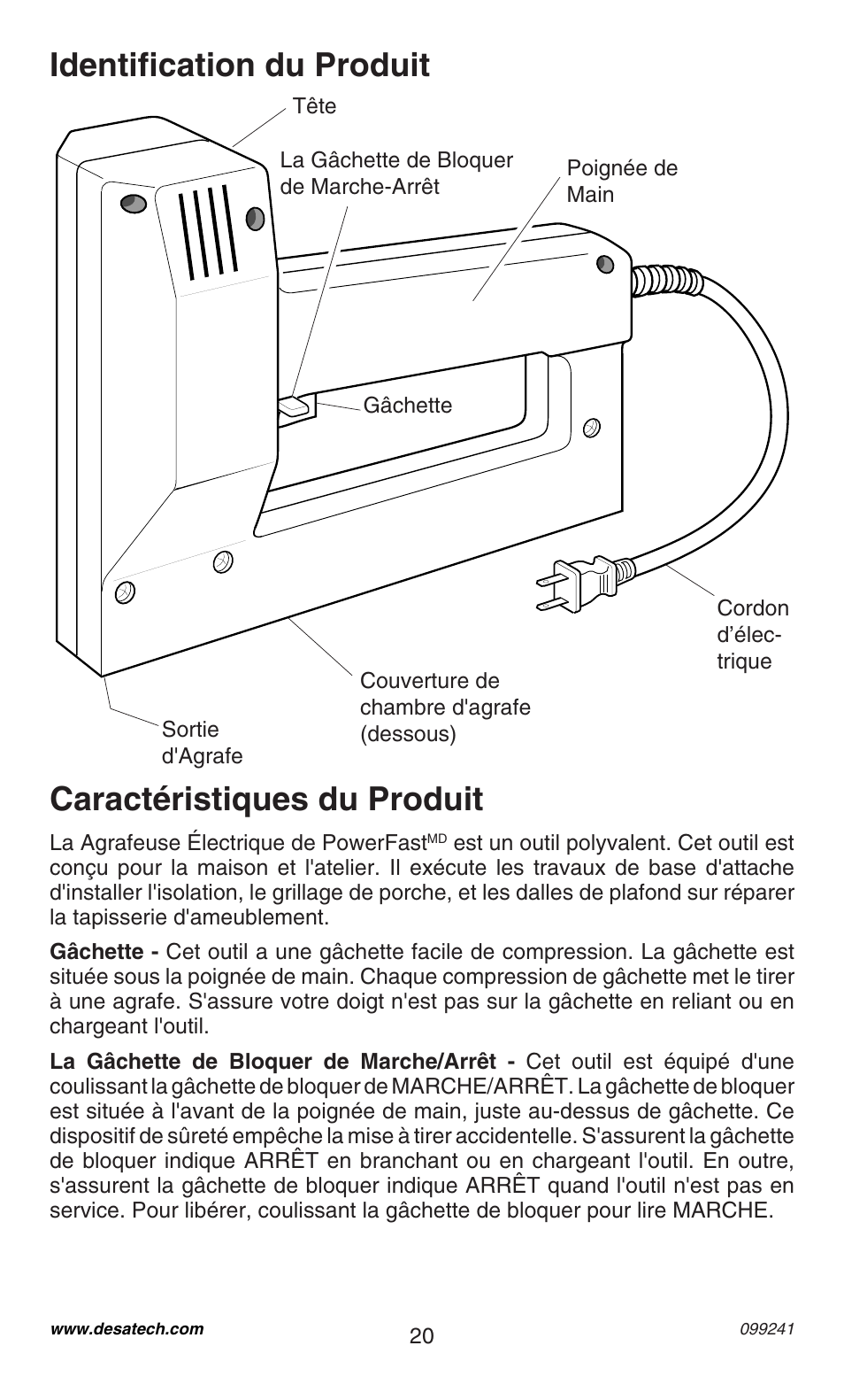 Identification du produit, Caractéristiques du produit | Desa 34392 User Manual | Page 20 / 24