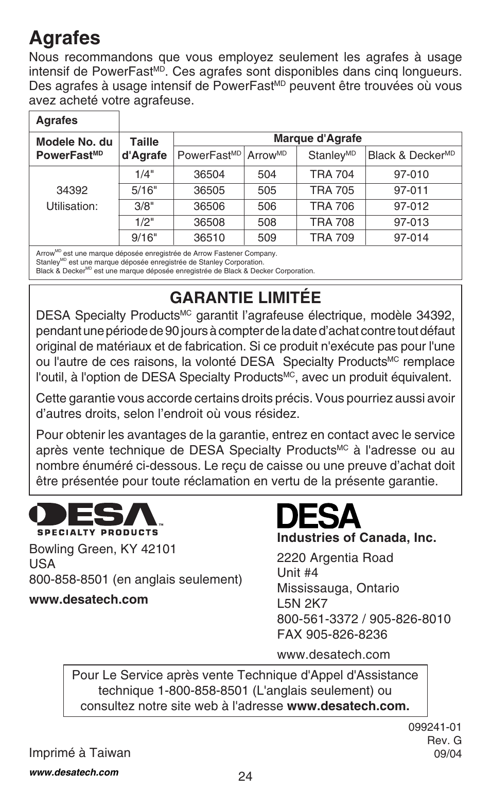 Agrafes, Garantie limitée, Desa specialty products | Desa 34392 User Manual | Page 24 / 24