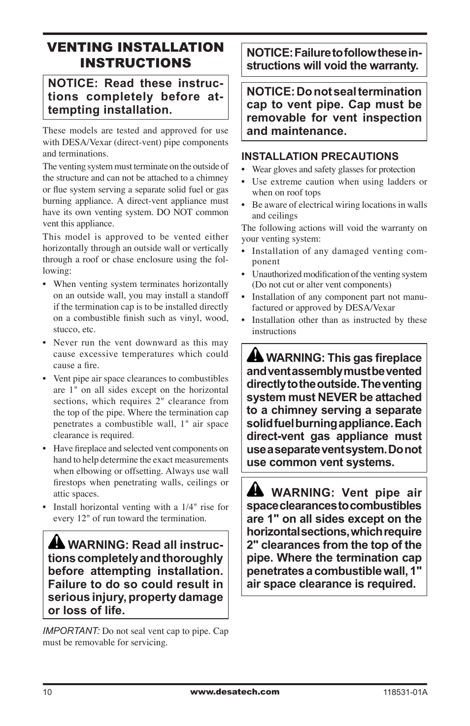 Venting installation instructions | Desa CD36TN-M User Manual | Page 10 / 44