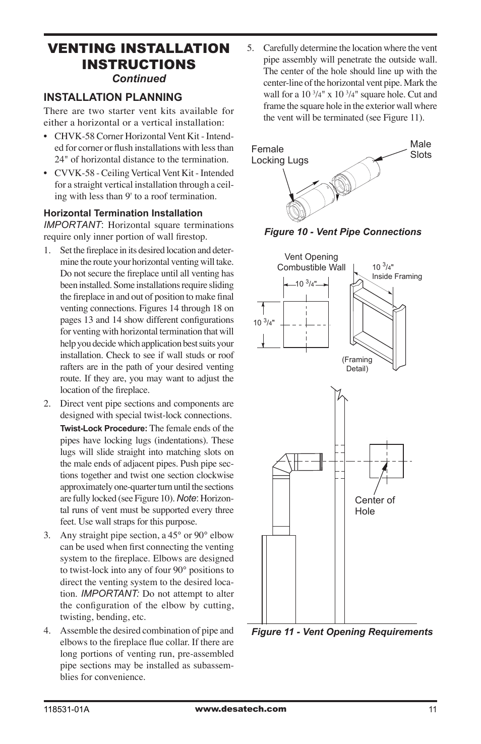 Venting installation instructions, Installation planning, Continued | Desa CD36TN-M User Manual | Page 11 / 44