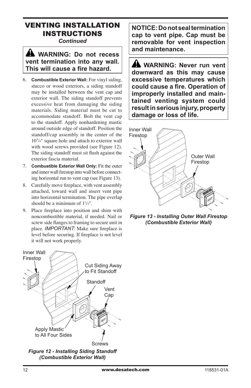 Venting installation instructions | Desa CD36TN-M User Manual | Page 12 / 44