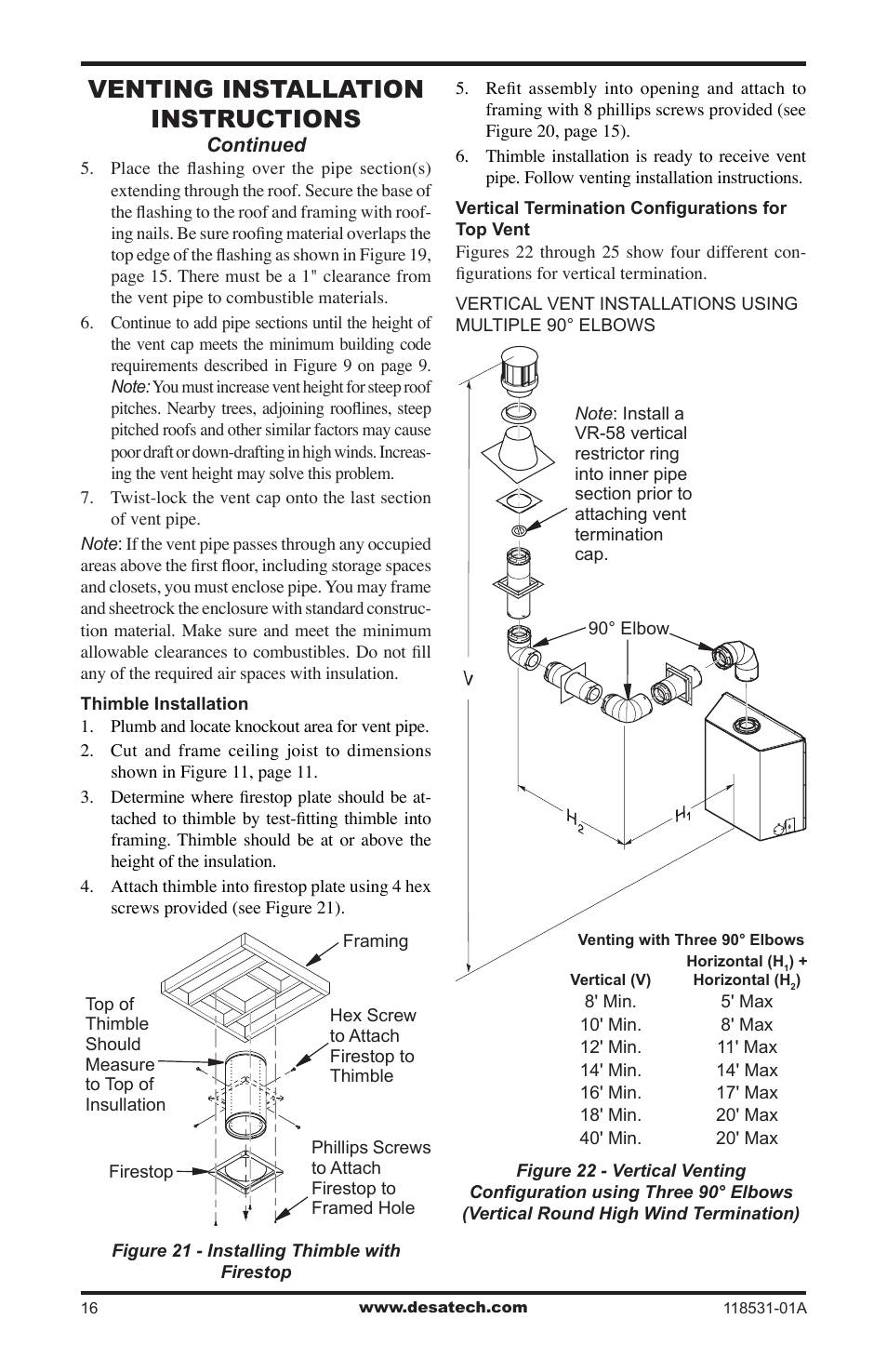 Venting installation instructions | Desa CD36TN-M User Manual | Page 16 / 44