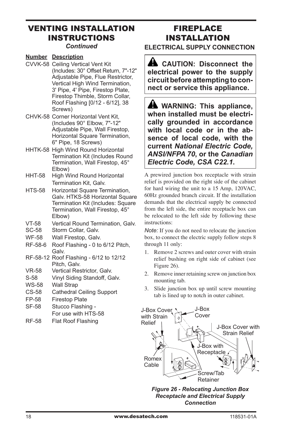 Fireplace installation, Venting installation instructions | Desa CD36TN-M User Manual | Page 18 / 44