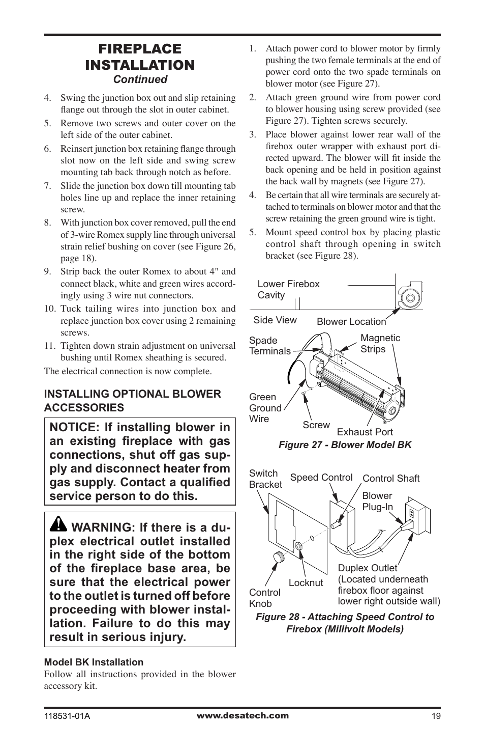 Fireplace installation | Desa CD36TN-M User Manual | Page 19 / 44