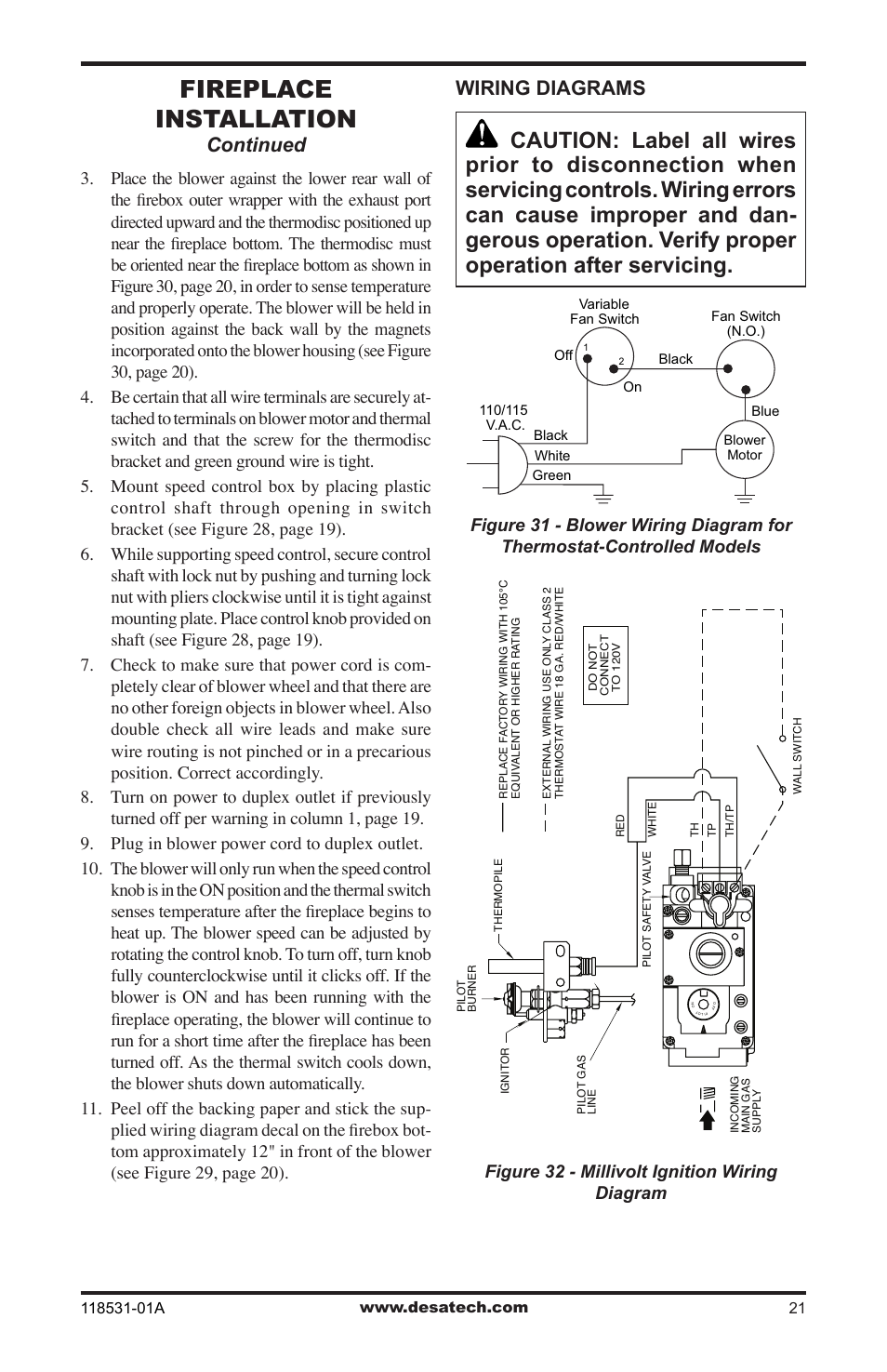 Fireplace installation, Continued, Wiring diagrams | Figure 32 - millivolt ignition wiring diagram | Desa CD36TN-M User Manual | Page 21 / 44