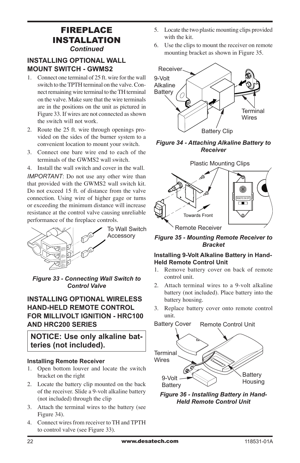 Fireplace installation | Desa CD36TN-M User Manual | Page 22 / 44