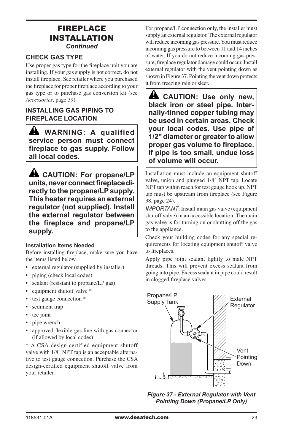 Fireplace installation | Desa CD36TN-M User Manual | Page 23 / 44