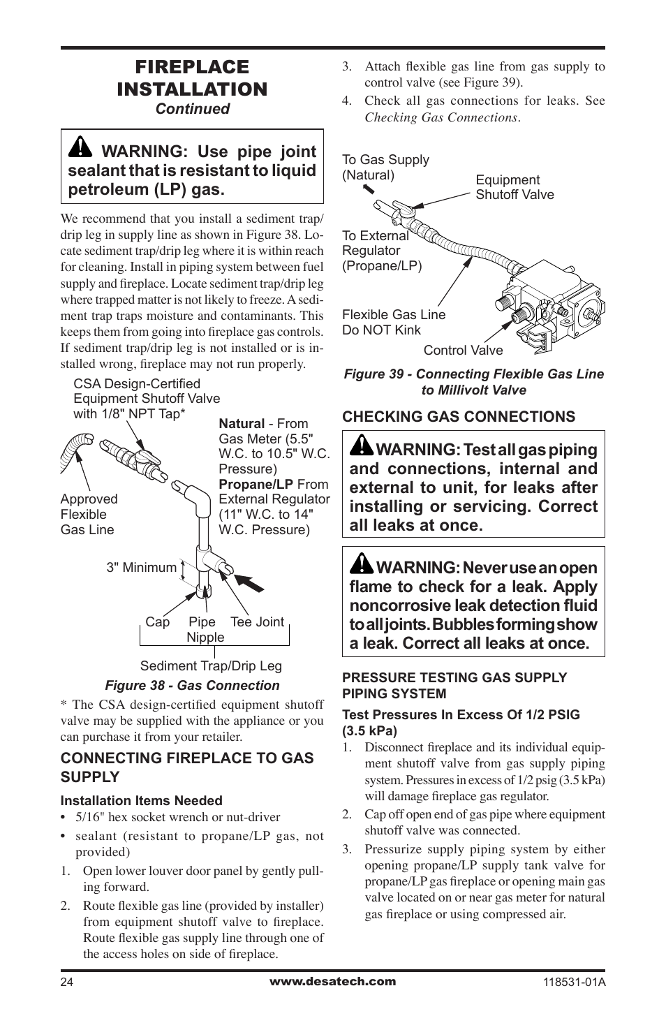 Fireplace installation | Desa CD36TN-M User Manual | Page 24 / 44