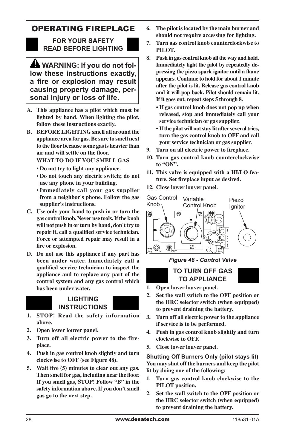 Operating fireplace, For your safety read before lighting, Lighting instructions | Desa CD36TN-M User Manual | Page 28 / 44