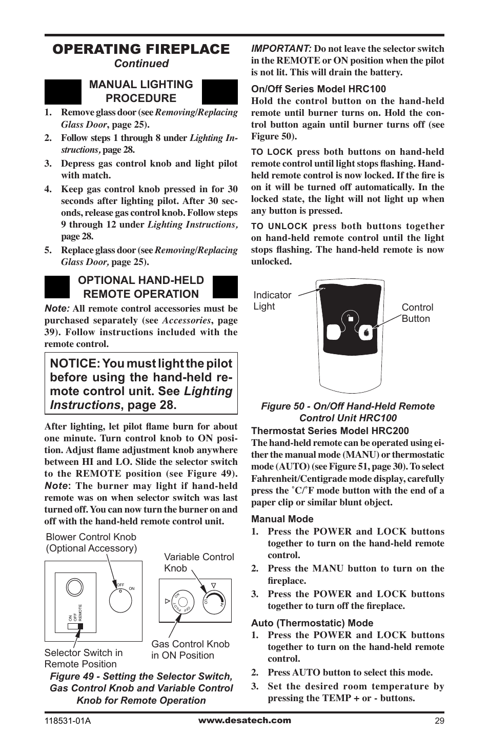 Operating fireplace, Manual lighting procedure, Optional hand-held remote operation | Continued | Desa CD36TN-M User Manual | Page 29 / 44