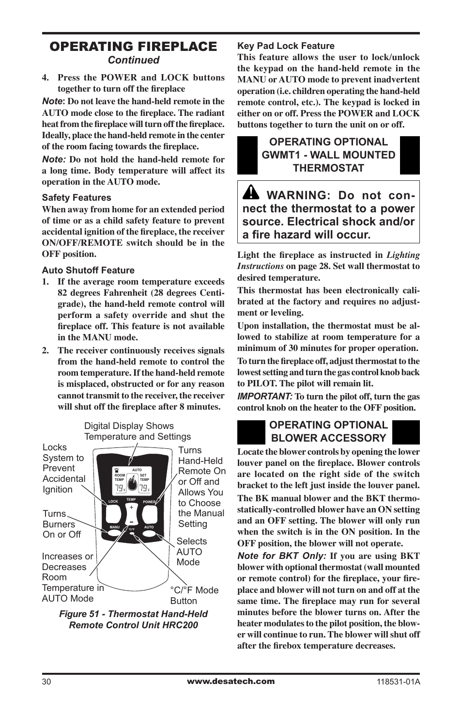 Operating fireplace | Desa CD36TN-M User Manual | Page 30 / 44