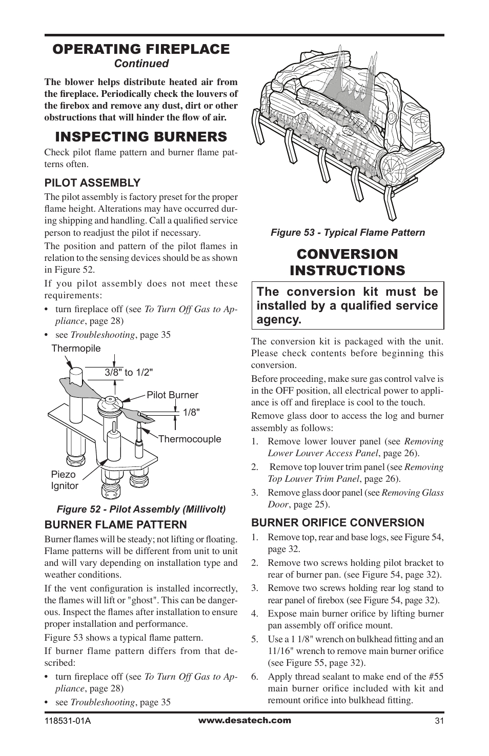 Inspecting burners, Conversion instructions, Operating fireplace | Desa CD36TN-M User Manual | Page 31 / 44