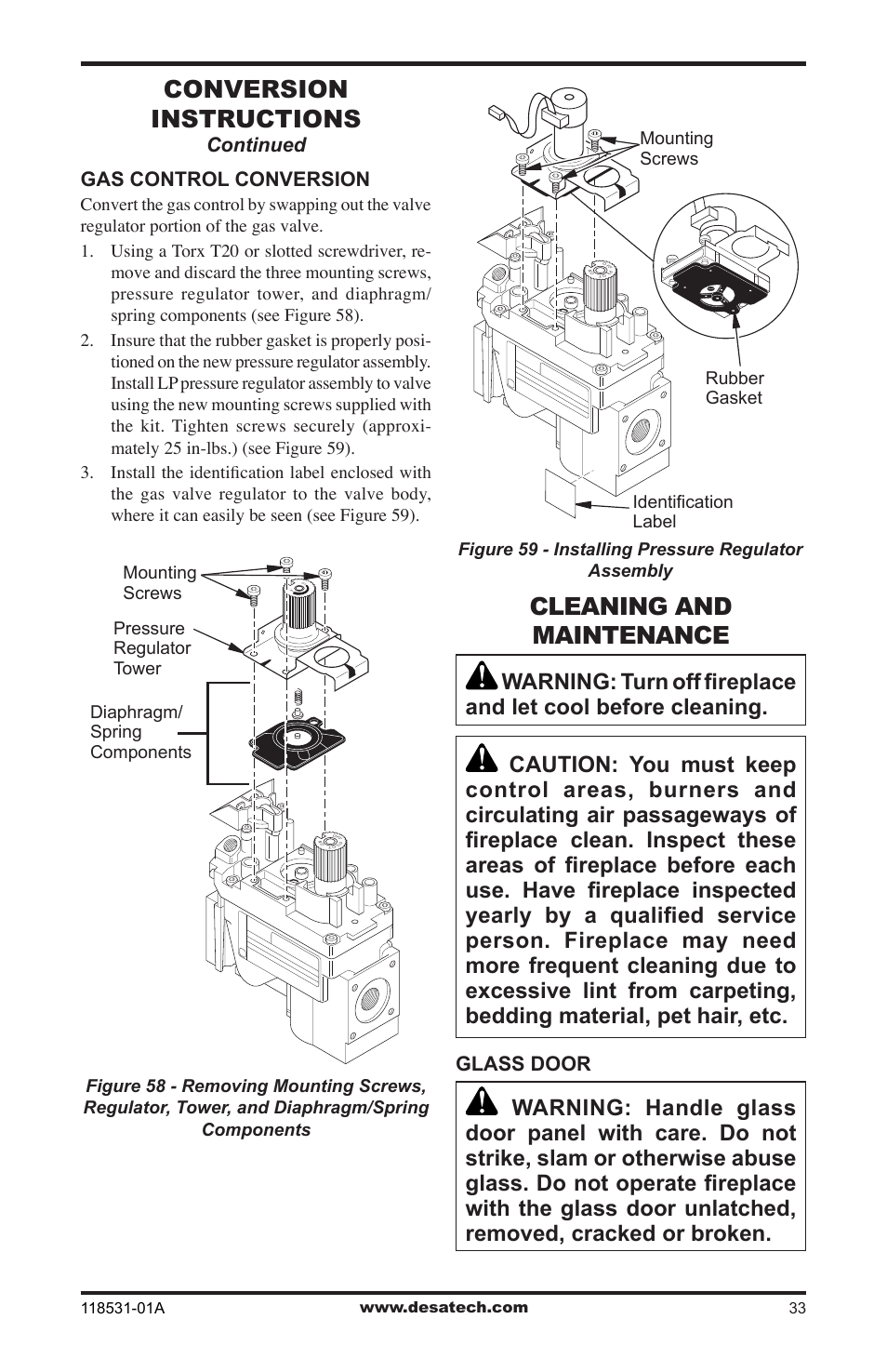 Cleaning and maintenance, Conversion instructions, Gas control conversion | Continued, Glass door | Desa CD36TN-M User Manual | Page 33 / 44