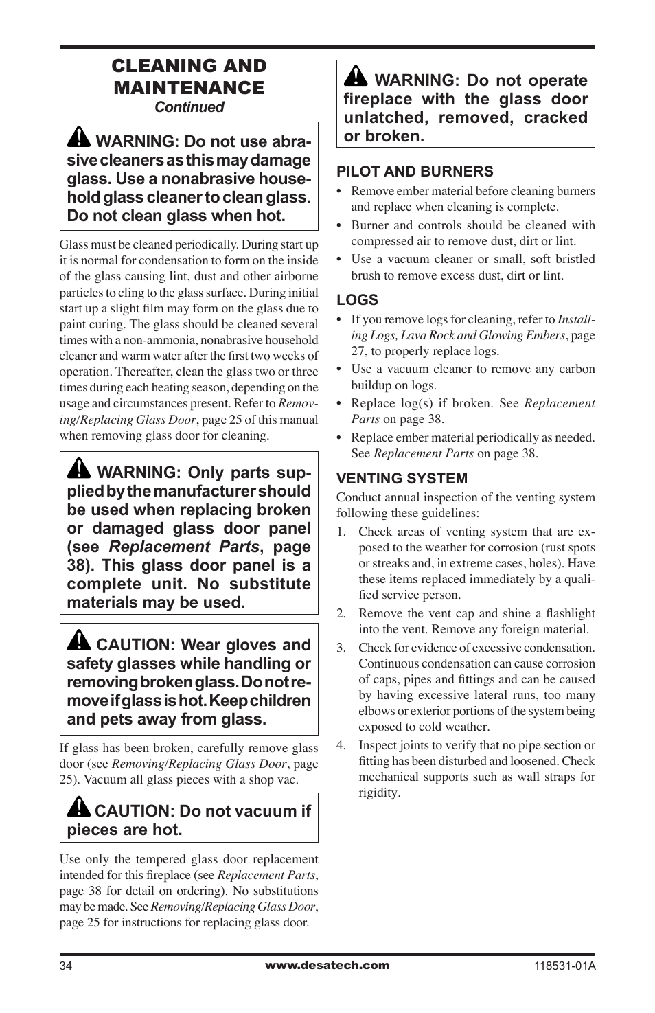 Cleaning and maintenance, Caution: do not vacuum if pieces are hot | Desa CD36TN-M User Manual | Page 34 / 44