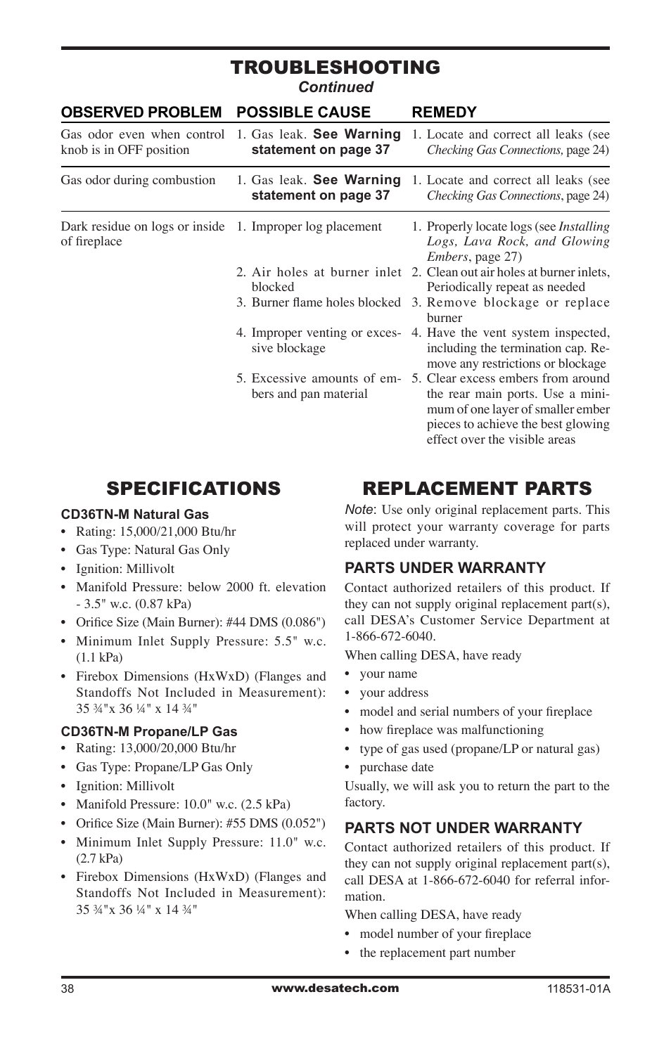 Specifications, Replacement parts, Troubleshooting | Desa CD36TN-M User Manual | Page 38 / 44