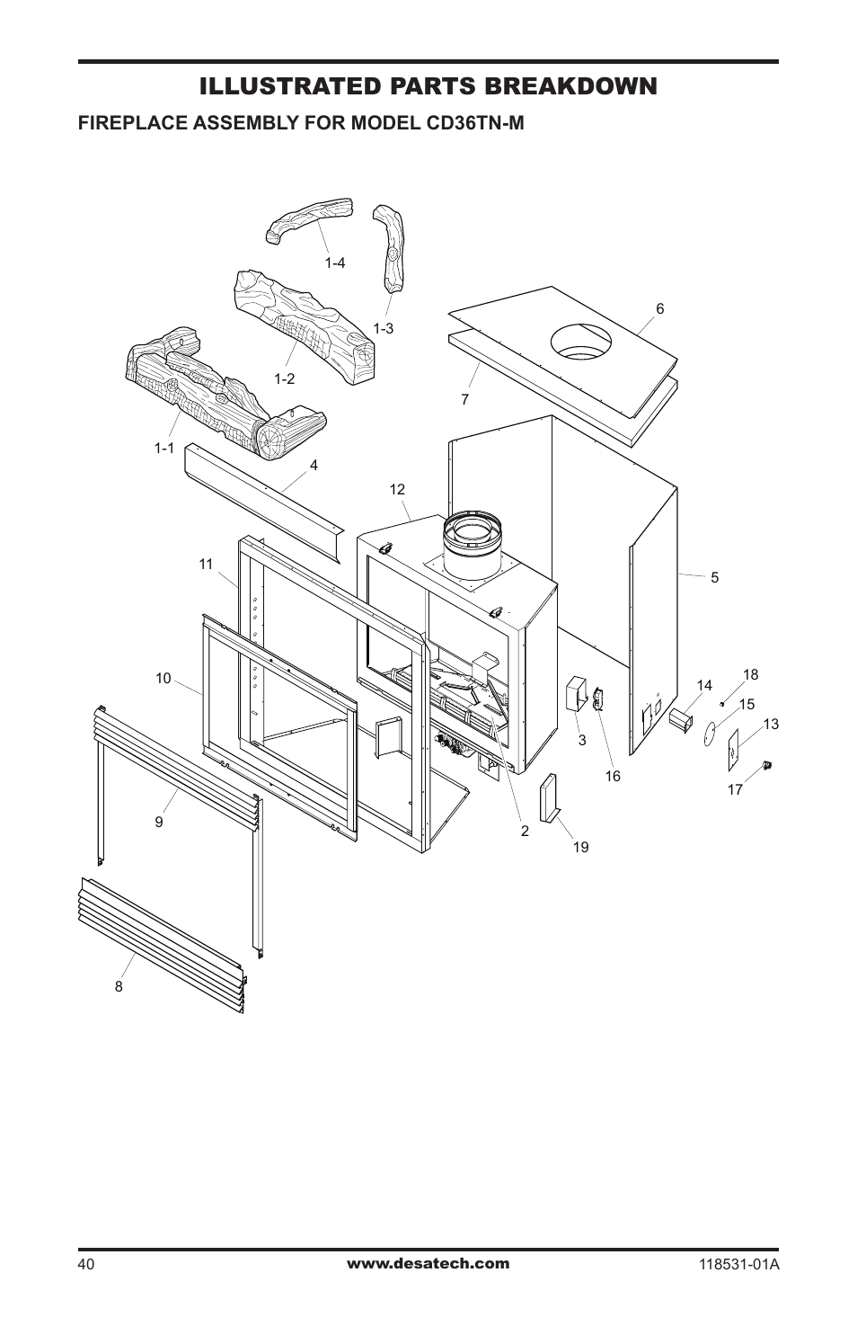 Illustrated parts breakdown and parts list, Illustrated parts breakdown, Fireplace assembly for model cd36tn-m | Desa CD36TN-M User Manual | Page 40 / 44
