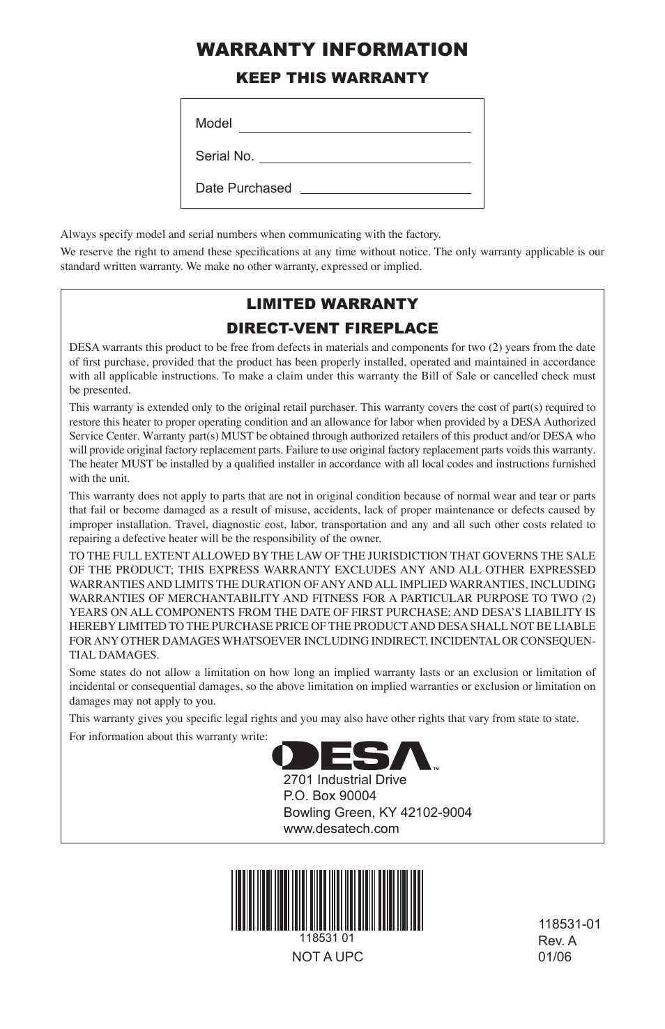 Warranty information, Keep this warranty, Limited warranty direct-vent fireplace | Desa CD36TN-M User Manual | Page 44 / 44