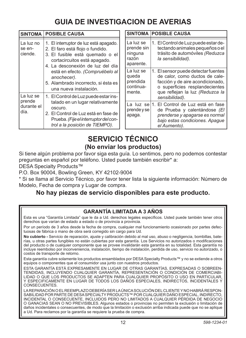 Guia de investigacion de averias servicio técnico, No enviar los productos) | Desa DUALBRITE 4291 User Manual | Page 12 / 20