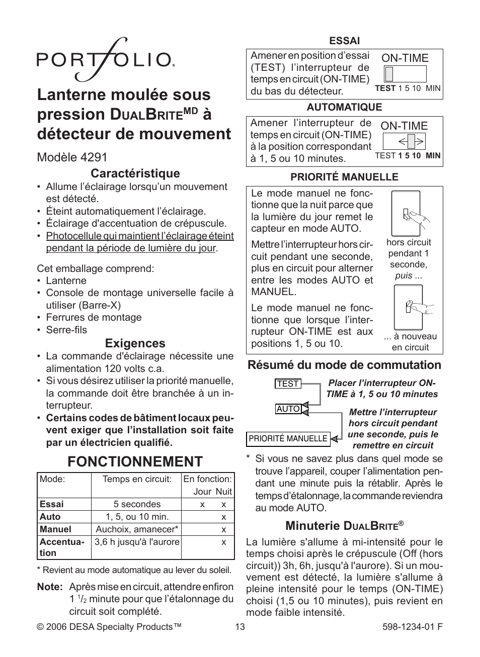Lanterne moulée sous pression d, Àdétecteur de mouvement, Fonctionnement | Caractéristique, Exigences, Minuterie d, Résumé du mode de commutation, Modèle 4291 | Desa DUALBRITE 4291 User Manual | Page 13 / 20